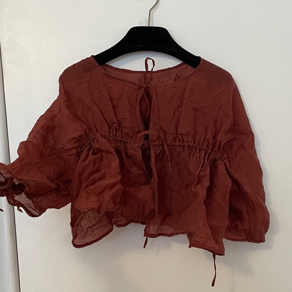 Retrogirl Brown Drawstring Peasant Blouse - Women Tops - Picture 2 of 4